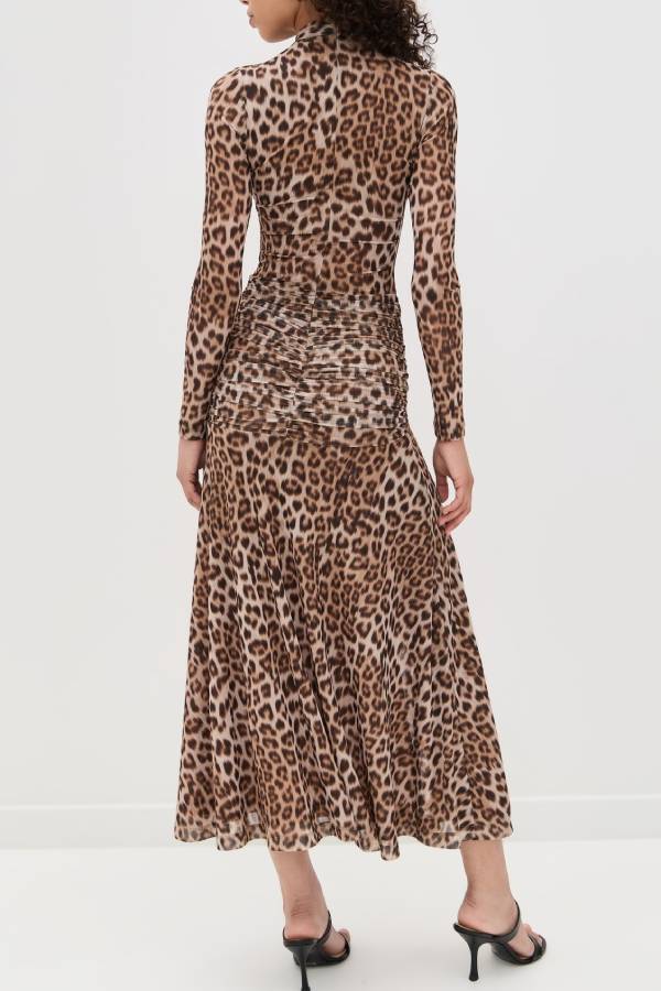 Retro leopard print high collar slim floor-length dress