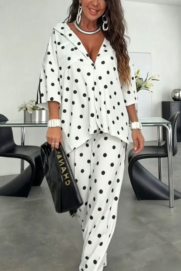 Chris Color Blocked Polka Dot Print Short Sleeve Loose Shirt and Elastic Waist Pocket Pants Tracksuit