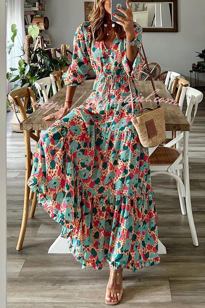 Abstract Floral Print Drawstring Waist Tiered Blouson Sleeve Maxi Dress