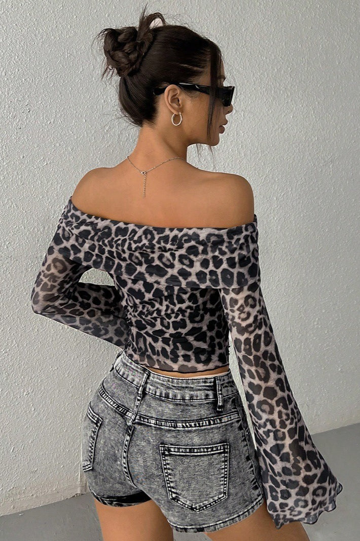 Leopard Print Off Shoulder Long Sleeve Tee