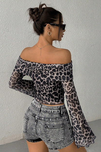 Leopard Print Off Shoulder Long Sleeve Tee