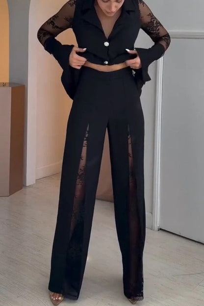Ninah Front Slit Lace Patchwork High Rise Wide Leg Pants