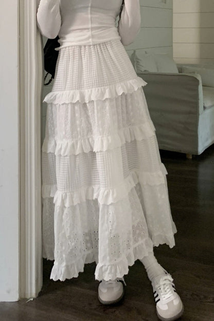 White Lace Tiered High Waist Boho Skirt