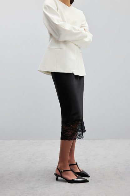 Lace Insert Solid Color Satin Skirt