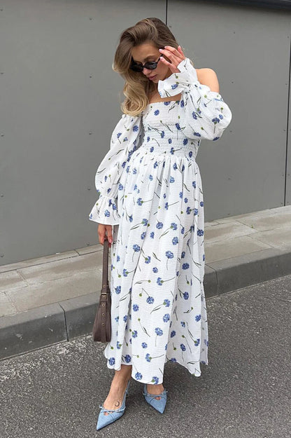 Floral Print Off Shoulder Smocked Puff Sleeve High Split Maxi Dress
