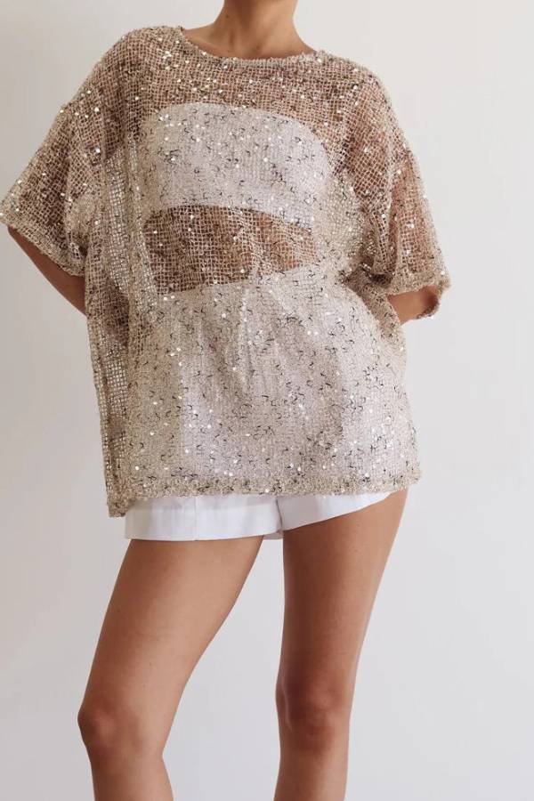 Sequin Mesh Sheer Oversized Tunic Top Round Neck Loose Mid Sleeve Party Cover Up