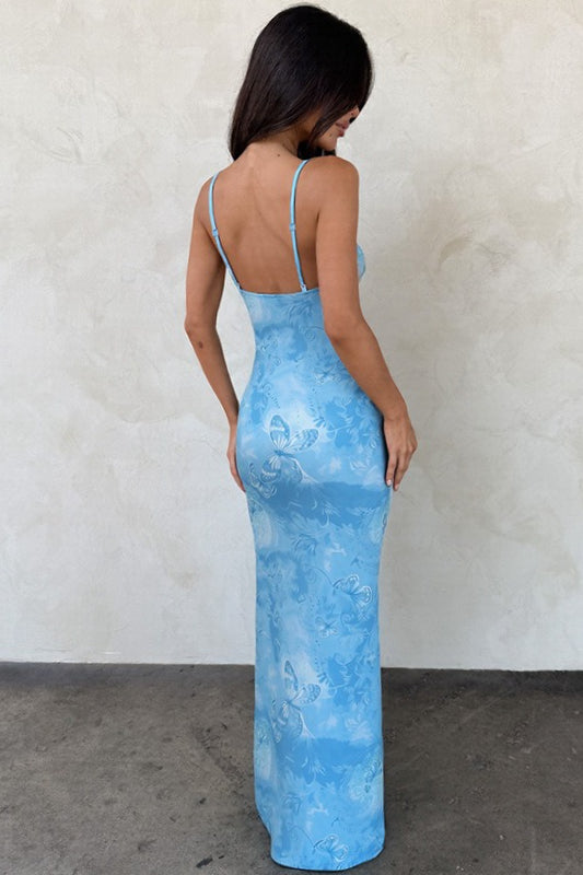 Printed Hollow Twist V Neck Vacation Dress