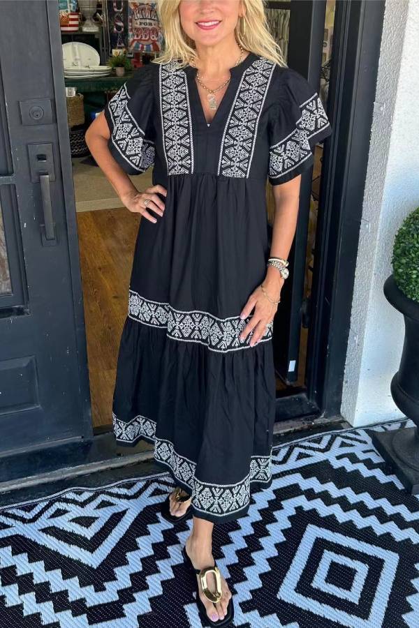Multi-Color Ethnic Embroidered V-Neck Short Sleeve Tiered Midi Dress