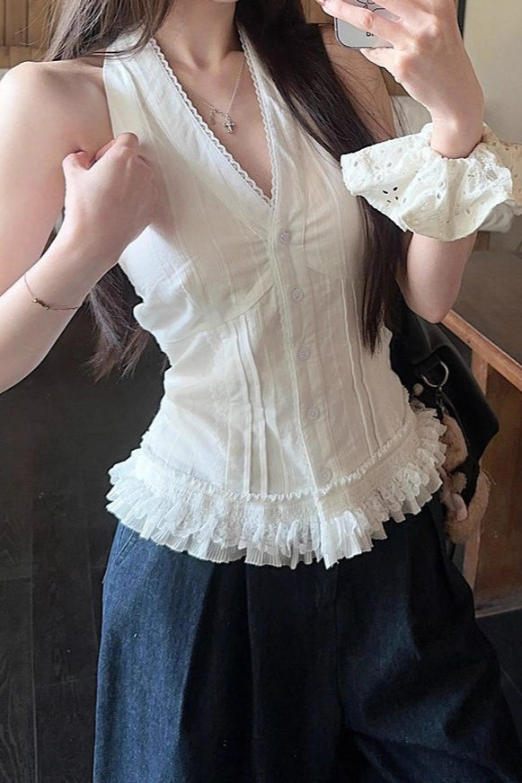 White Lace Trim V Neck Halter Waist Tie Halter Top