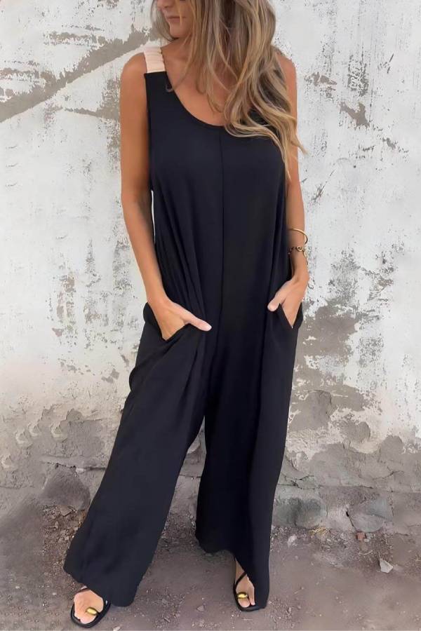 Unique Two-Color Patchwork Open Back Loose Pocket Jumpsuit