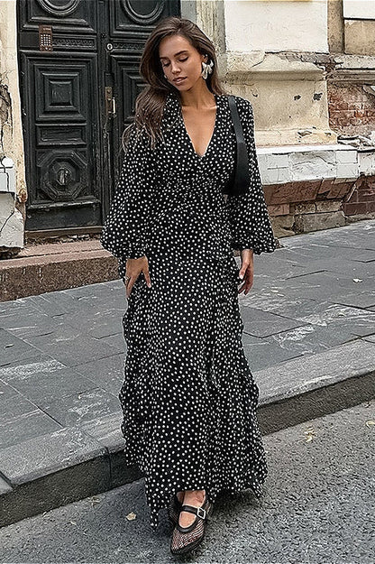 Polka Dot Deep V-Neck Long Sleeve Tiered Ruffle Maxi Dress