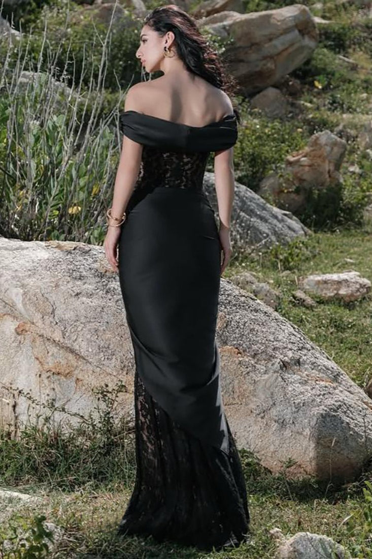 Lace Insert Off Shoulder Maxi Formal Dress