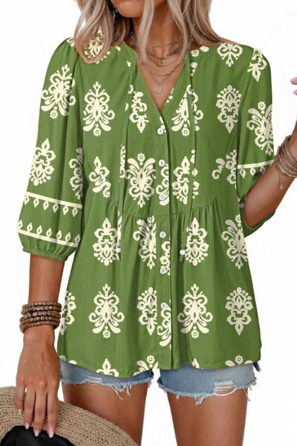 Boho Printed Tie V‑Neck Peplum Blouse