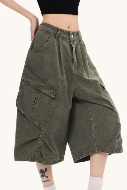 Washed Oversized Pockets Wide Leg Cargo Pants