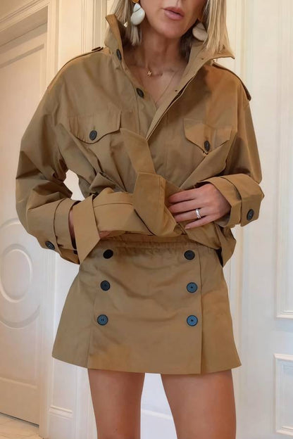 Chic Comfort Epaulettes Contrast Buttons Pocket Belt Cropped Trench Coat