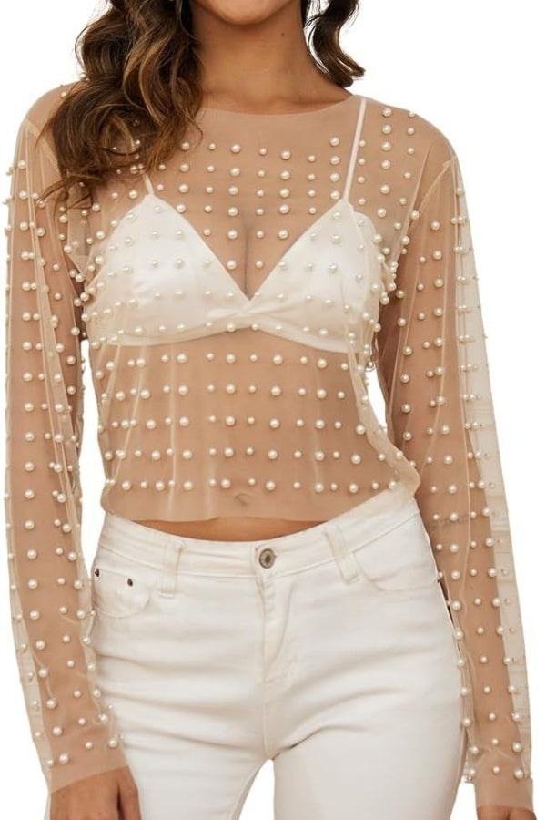 Pearl-Embellished Mesh Long-Sleeved Top