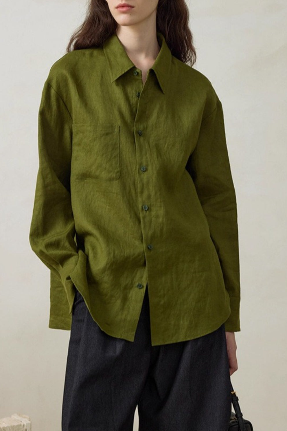 Linen Green Oversized Versatile Long Sleeve Blouse