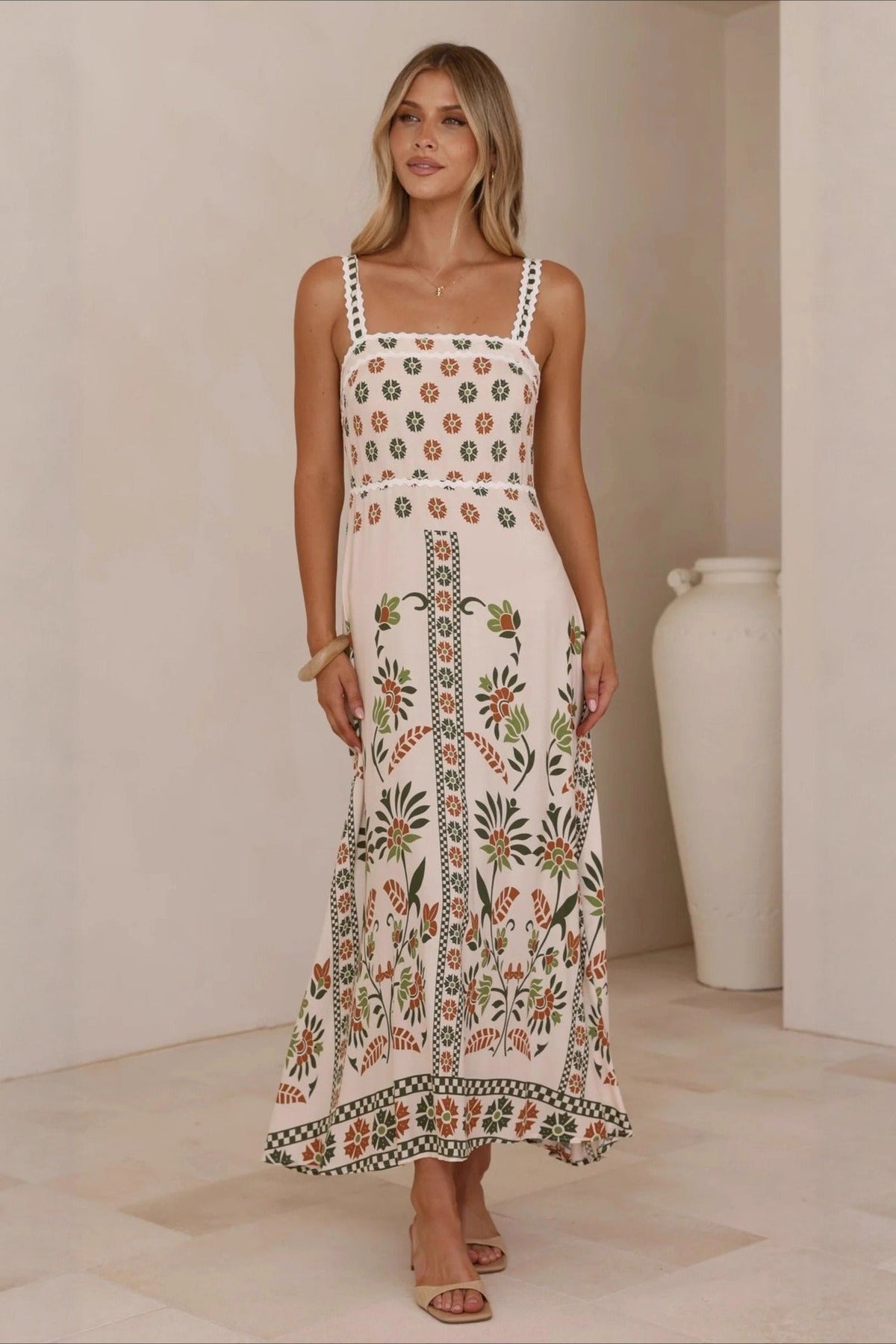 Linen Lace Trim Spaghetti Strap Boho Dress