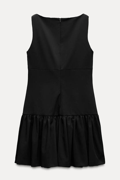 Velvet Bow Trim Drop Waist Gathered Pleated Mini Dress