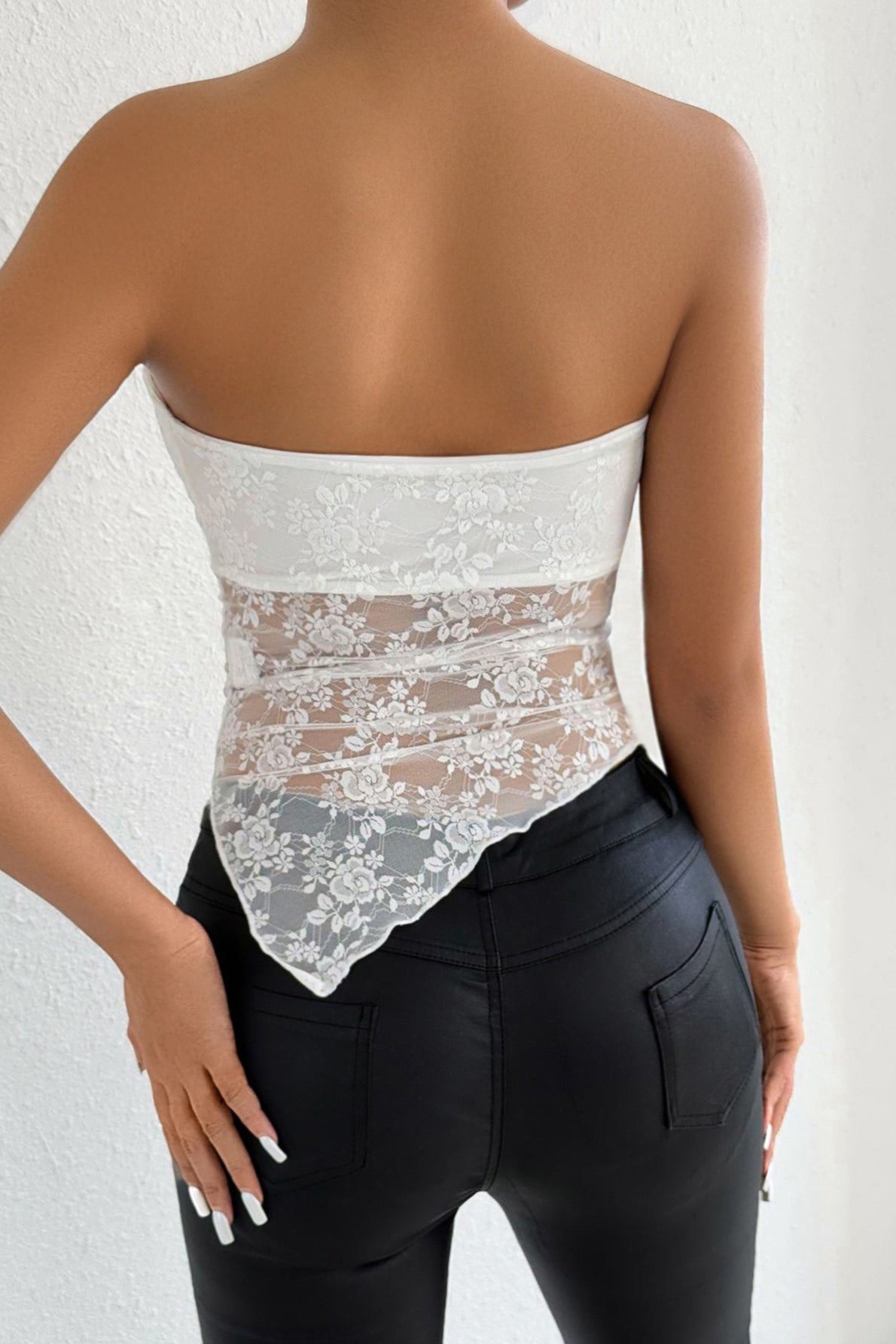 Off Shoulder Lace Trim Ruched Halter Top