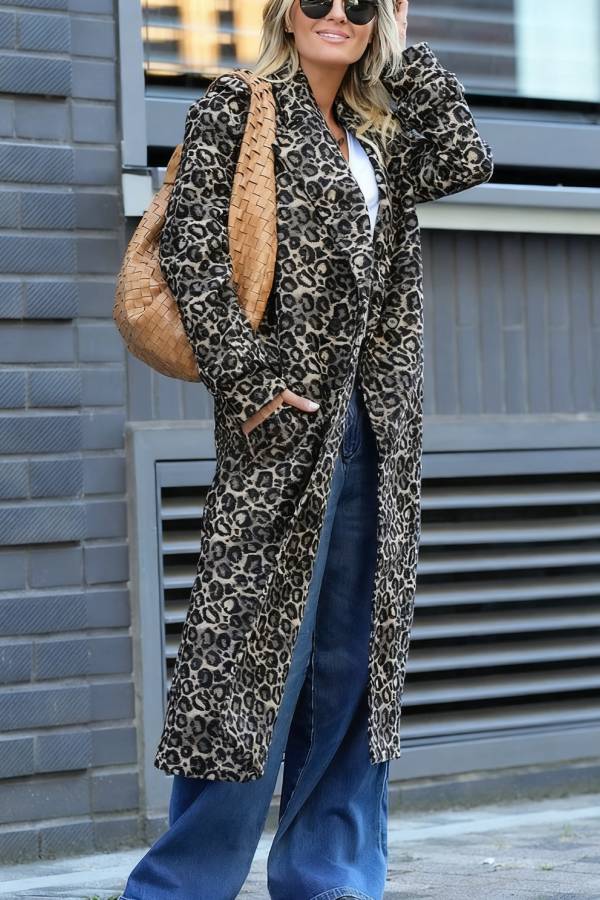 Leopard Affair Animal Print Epaulettes Long Sleeve Pocketed Lapel Midi Trench Coat