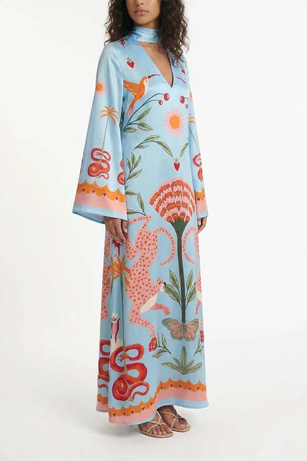 Safari Fantasy Tie-Neck Maxi Dress