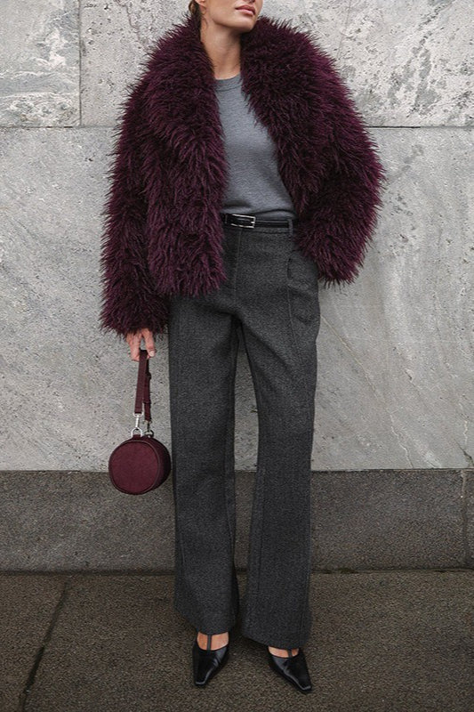 Versatile Wine Red Faux Fur Solid Coat
