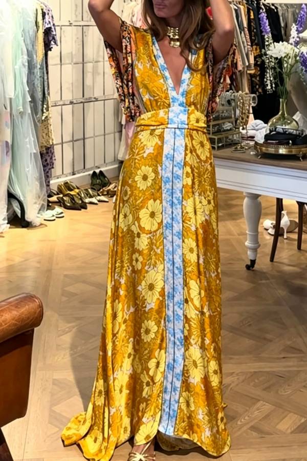 Boho Color-blocked Floral Print Wide Sleeve Tie-up Waist Pocket Maxi Dress