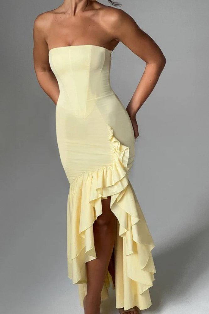 Off Shoulder Strapless Asymmetric Prom Dress