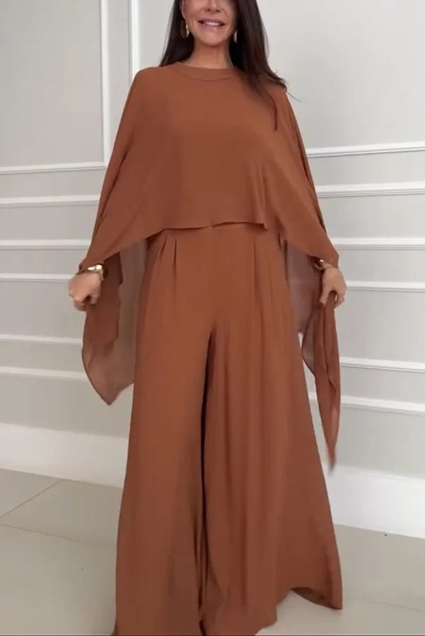 Veronica Chiffon Cape Flowing Top and Elastic Waist Wide-Leg Pants Set