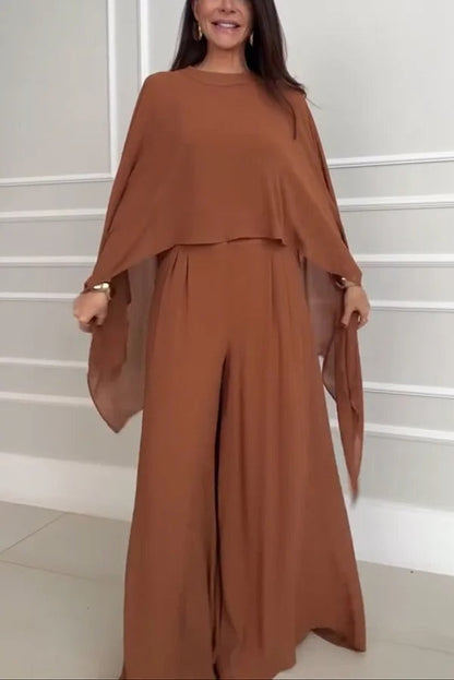 Veronica Chiffon Cape Flowing Top and Elastic Waist Wide-Leg Pants Set