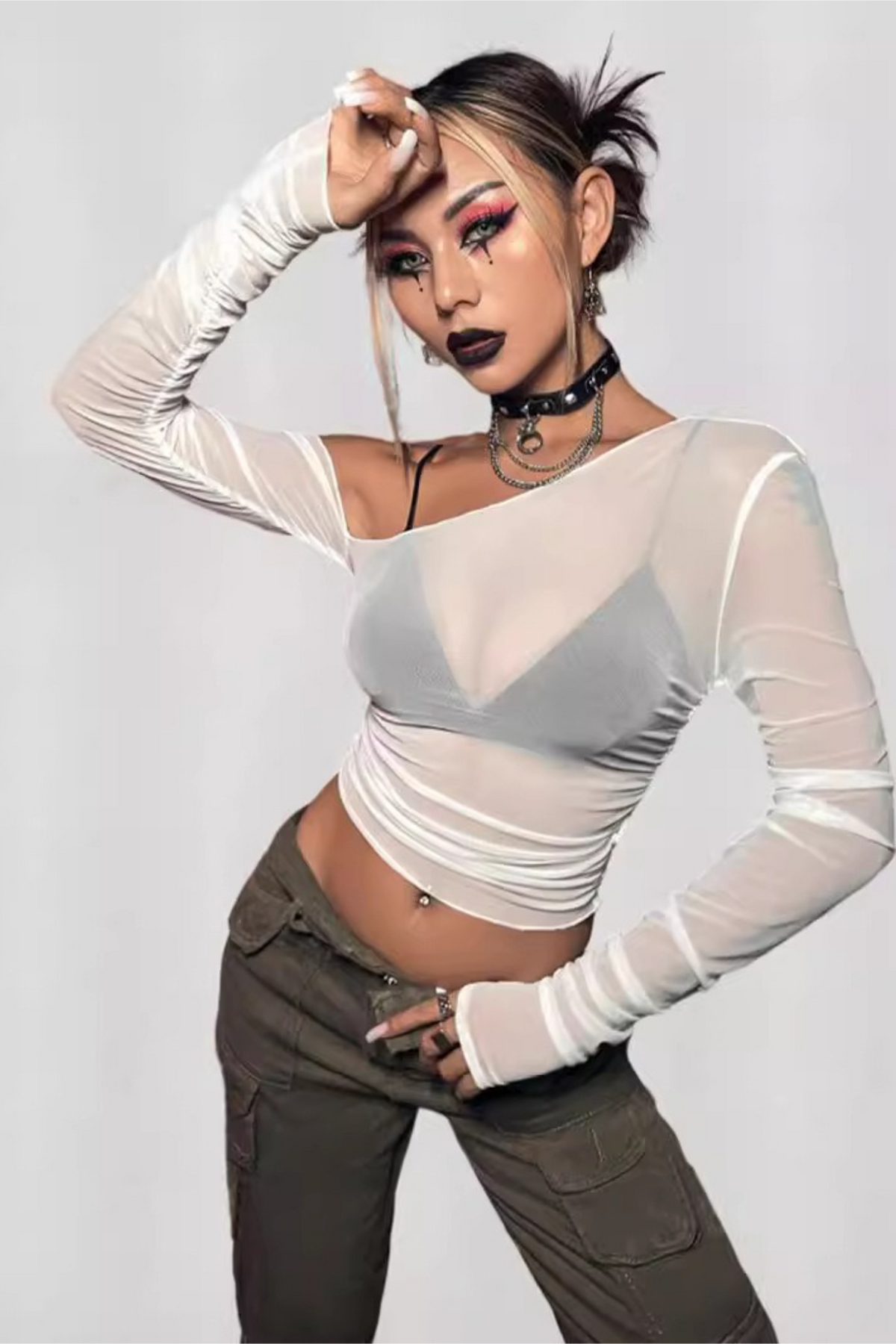 Slim Mesh Short Chic Long Sleeve Crop Top