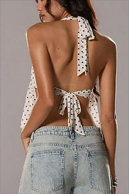 Polka Dot Deep V Ruffle Tie Neck Halter Top