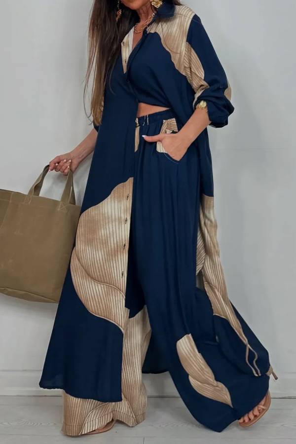 Color Block Vertical Stripe Print Long Shirt Cardigan & Elastic Waist Wide Leg Pants 2 Piece Set