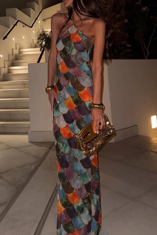 Fish Scale Color-Patchwork Halter Neck Mermaid Maxi Dress
