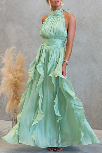 Coral Textured Metallic Chiffon Material High Tie Neck Ruffles Maxi Dress