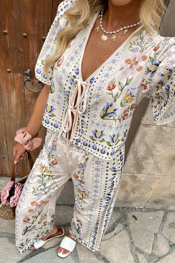 Bohemian Floral Print Tie Front Crop Top & Wide Leg Pants Two-Piece Set