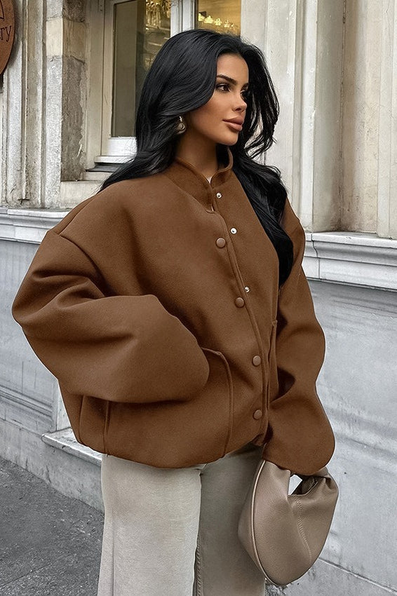 Mocha Brown Wool Blend Stand Collar Coat