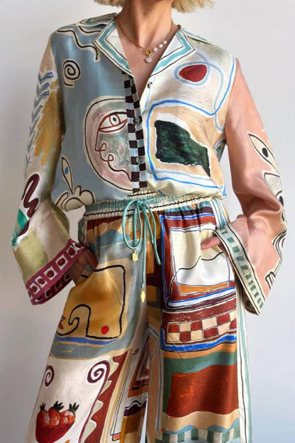 Abstract Art Painting Print Satin Pajama Two Piece Set