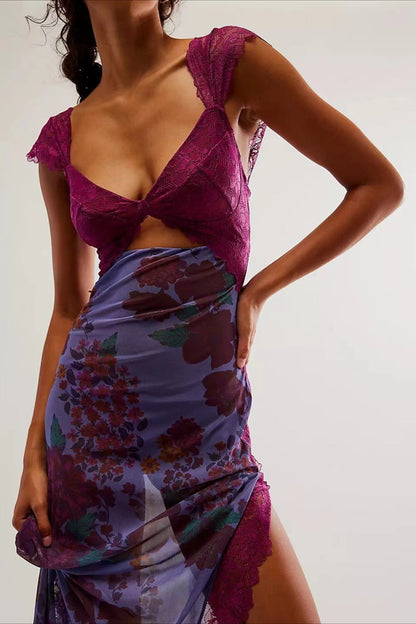 Lace Patchwork Strap Backless Slit Maxi Floral Dress