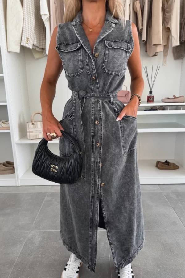 Sleeveless Denim Shirt Dress with Waist Tie