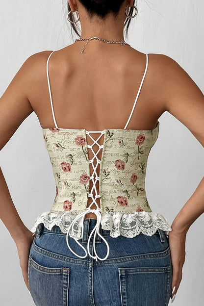 Lace Trim Patchwork Boned Corset Tank Top