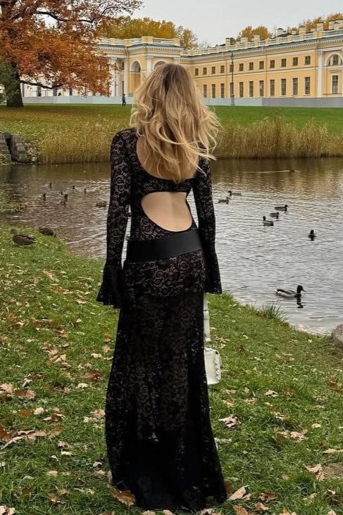 Bell Sleeve Backless Lace Dress