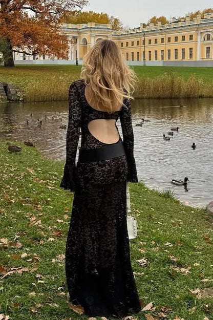 Bell Sleeve Backless Lace Dress