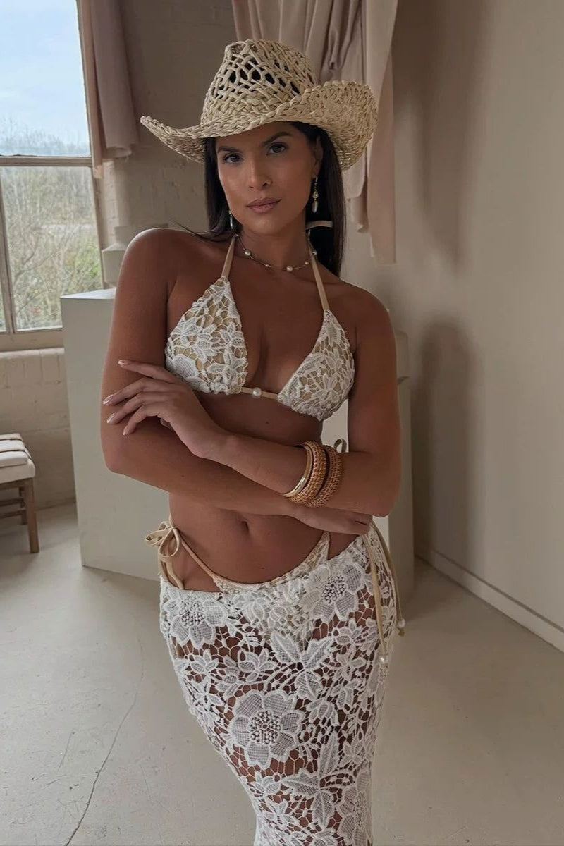 Lace Tie Detail Long Skirt Three Piece Swim Set