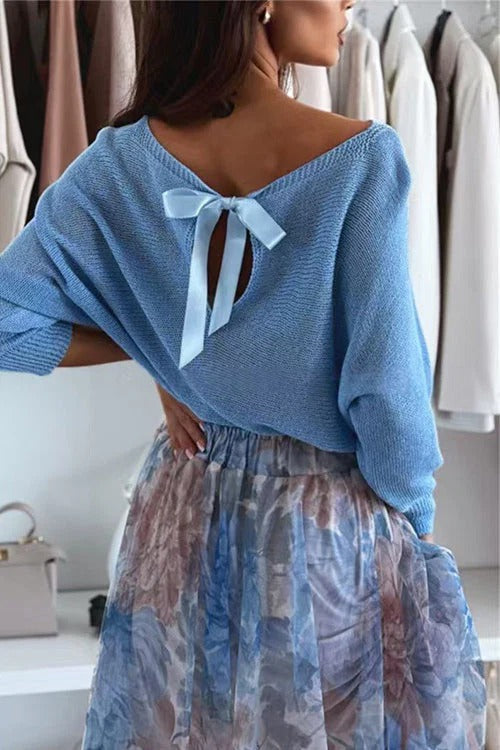 Boat Neck Bow Back Cut Out Pullover Sweater