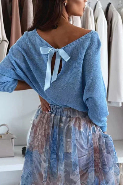 Boat Neck Bow Back Cut Out Pullover Sweater
