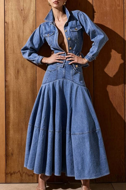 Isabella Denim High Rise Architectural Patchwork Design Pocket Voluminous A-line Maxi Skirt