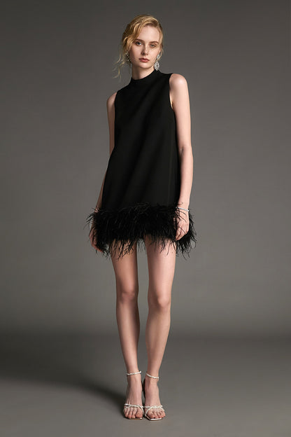 Mock Neck Sleeveless Feather Trim Shift Mini Dress