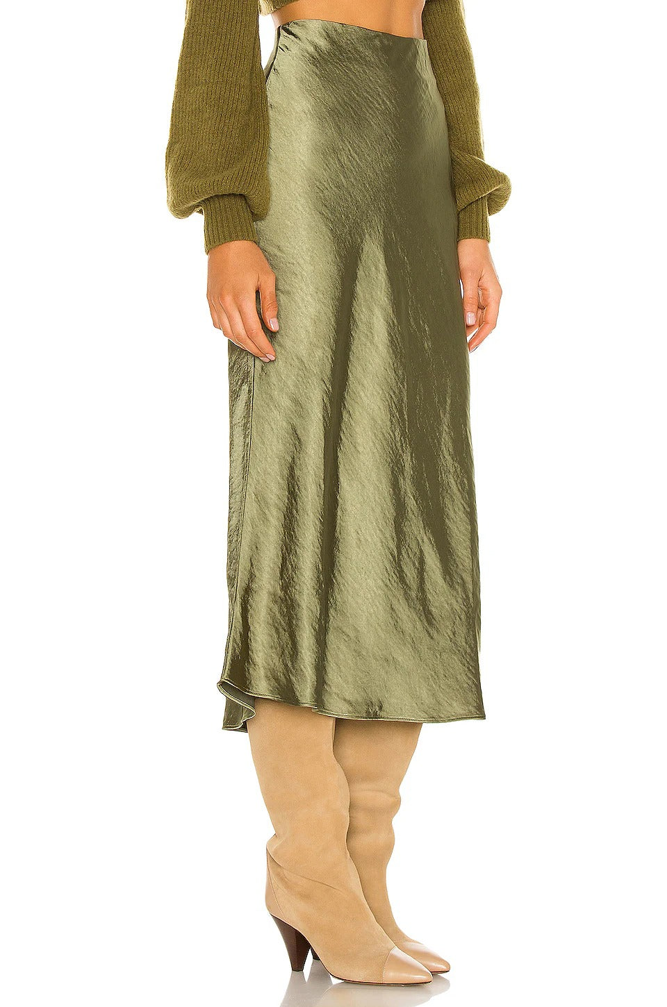 Olive Green Satin Midi Skirt with Side Slit